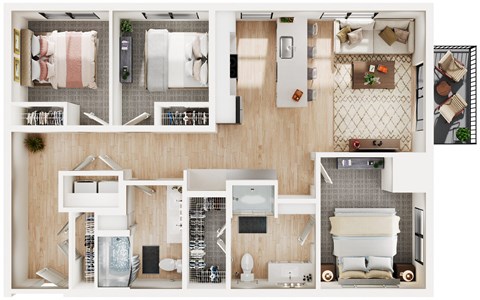 Floor plan for 3 beds, 2 baths, 1169 sqft